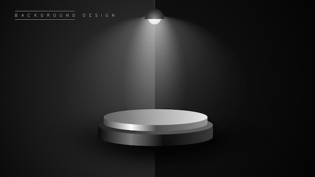 Podio de pedestal de cilindro 3D realista en el espacio abstracto con luces de neón horizontales brillantes