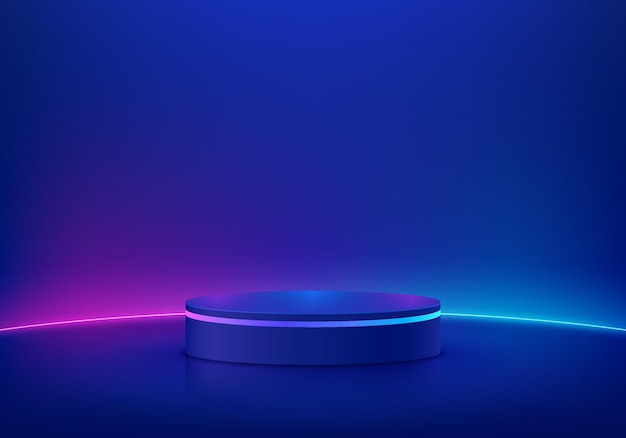 Podio de pedestal de cilindro azul oscuro abstracto Sala abstracta de ciencia ficción con línea de iluminación curva de neón brillante