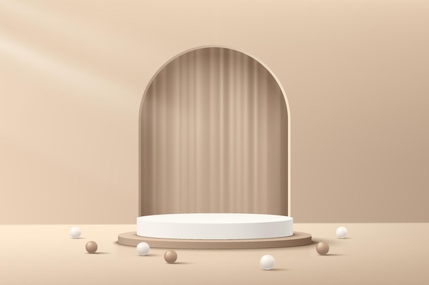 Vector podio de pedestal de cilindro beige 3d realista abstracto con ventana de arco y cortina de lujo en el interior