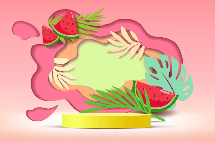 Vector podio de pedestal de cilindro blanco 3d con elementos de ilustrador de estilo de corte de papel de frutas en el fondo.