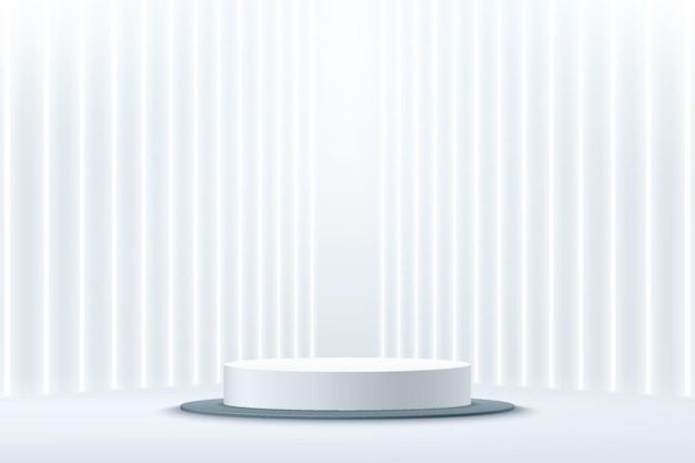 Podio de pedestal de cilindro blanco de representación 3d abstracto con tubo de neón vertical de perspectiva brillante