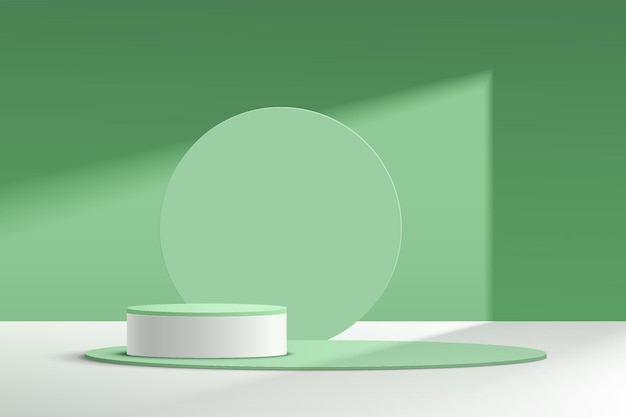 Podio de pedestal de cilindro blanco y verde abstracto 3d con telón de fondo de círculo escena de pared verde pastel