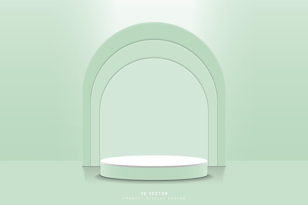 Podio de pedestal de cilindro de etapa 3D verde blanco realista para exhibición de productos con forma de tres arcos