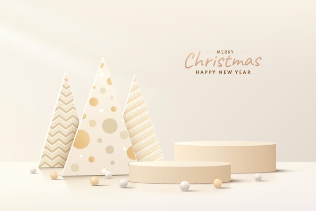 Podio de pedestal de cilindro marrón claro realista abstracto 3D con árbol de Navidad de lujo y bola