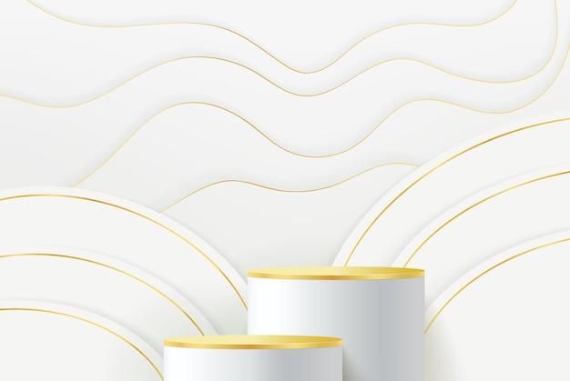 Podio de pedestal de cilindro realista de oro blanco con fondo de capas de rayas verticales sala de estudio abstracto vectorial con plataforma geométrica 3d escena mínima para exhibición de productos exhibición de promoción