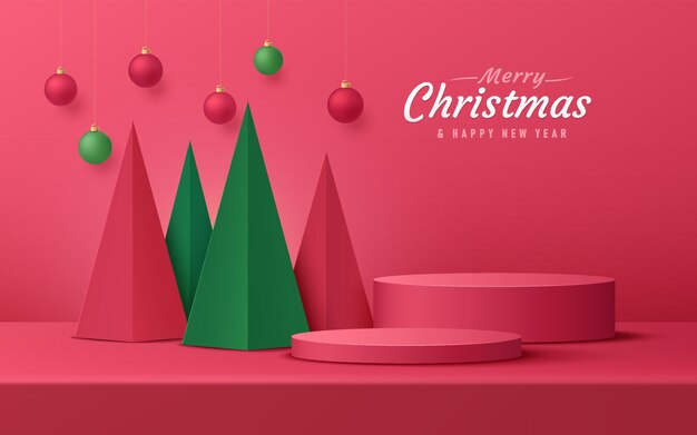 Podio de pedestal de cilindro rojo 3D realista abstracto con árbol de navidad verde moderno y bola