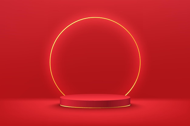 podio de pedestal de cilindro rojo abstracto 3d con anillo de oro brillante escena de pared mínima de color rojo oscuro