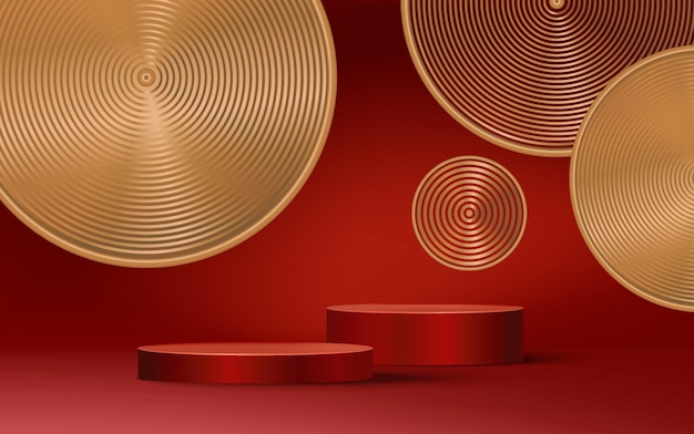 Vector podio de pedestal de cilindro rojo oscuro y 3d realista con telón de fondo de círculo iluminado escena mínima para exhibición de productos y exhibición de promoción plataforma de sala de estudio abstracta día de las linternas felices