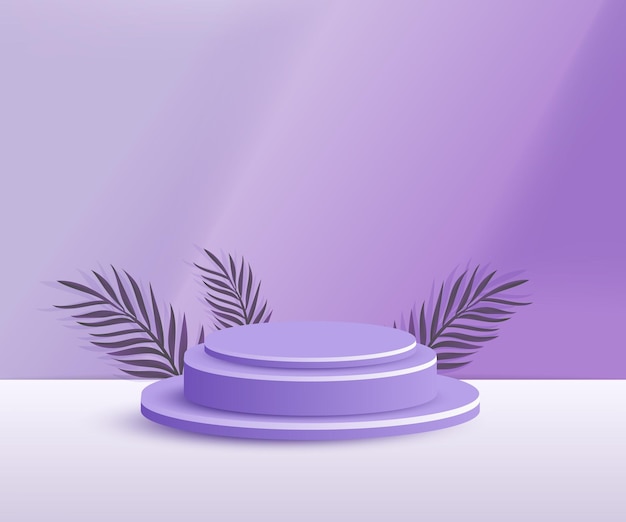 Podio y pedestal de producto 3d en color morado con hojas de palma.