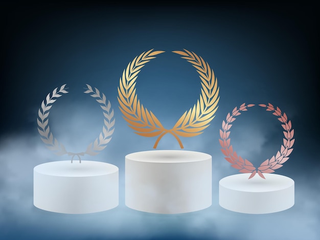 Podio de premios realista. Pedestal 3D con fondo de corona de laurel de bronce dorado plata.