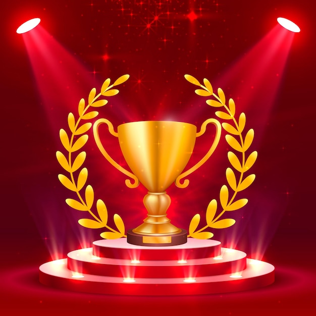 Podio de la primera etapa con iluminación, escena del podio de la etapa para la ceremonia de premiación sobre fondo rojo, ilustración vectorial