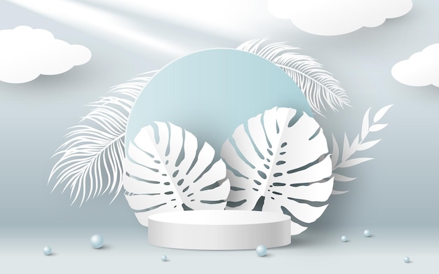 Podio de producto blanco en blanco y hojas de monstera tropical de papel sobre fondo azul ilustración vectorial 3D