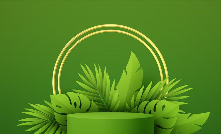 Vector podio de producto con papel verde cortado monstera tropical y hoja de palma sobre fondo verde