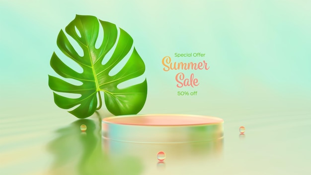 Podio de producto de verano Podio de vidrio de venta de verano Muestra la plantilla Pedestal hoja de Monstera hoja verde