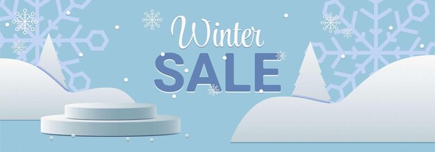 Podio de productos de invierno de Navidad en el fondo de derivas, copos de nieve y nieve
