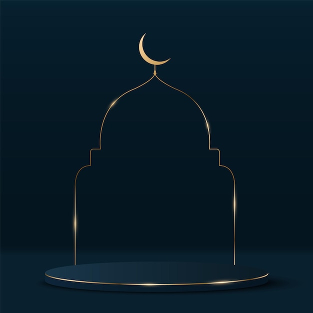 Podio ramadan kareem 3d con marco árabe tradicional cilindro con brillo dorado escena musulmana mínima eid mubarak ilustración vectorial eps 10