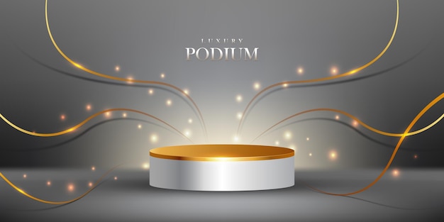 Podio realista de color blanco y dorado con elementos de cinta dorada y fondo de lujo brillante