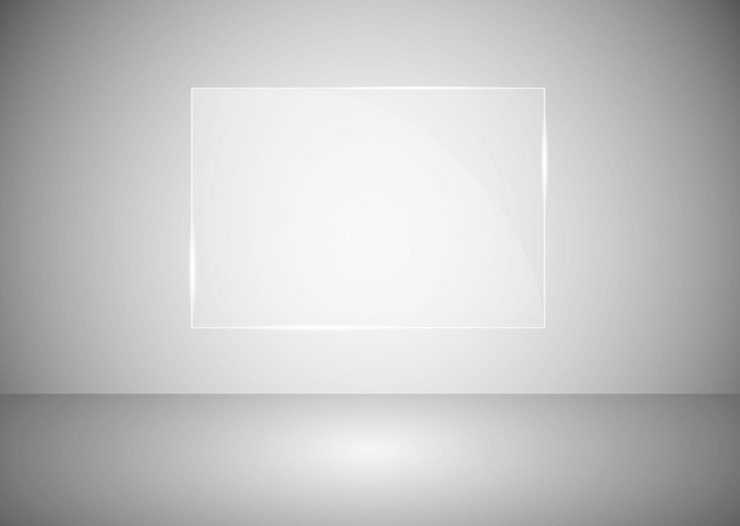 Vector podio rectangular con pedestal de vidrio o plataforma iluminada por focos sobre un fondo gris