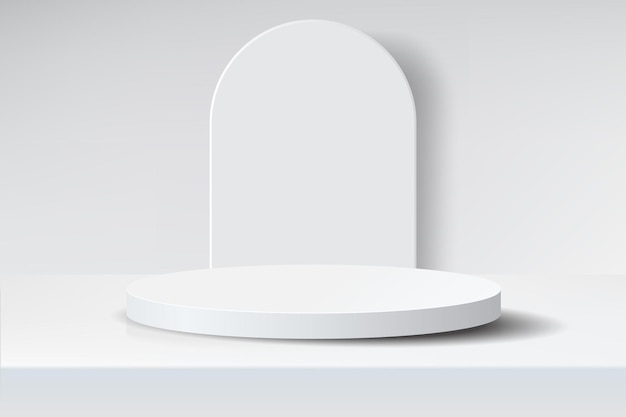 Podio redondo blanco vacío en 3D en estudio blanco escenario en blanco para exhibición de productos en pedestal