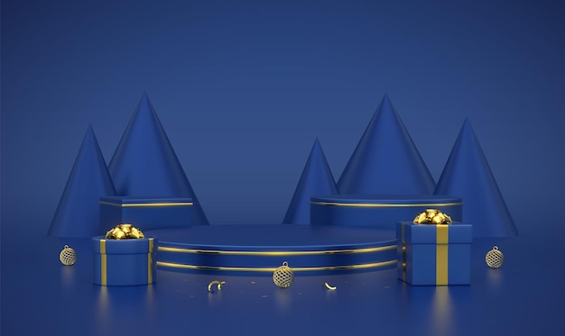 Podio redondo y cúbico azul. Escena y plataforma 3D con círculo dorado y forma de cono pinos o abetos sobre fondo azul. Pedestal en blanco con cajas de regalo con lazo dorado y bolas. Ilustración vectorial