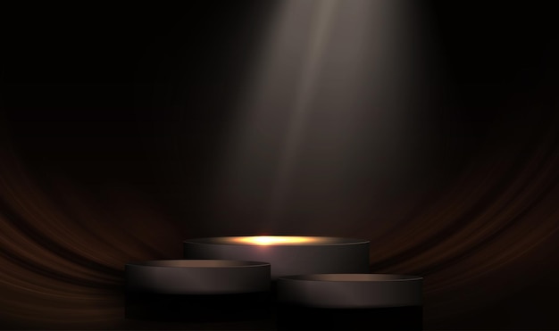 Podio redondo con un haz de luz brillante sobre un diseño negro