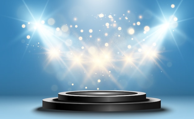 Podio redondo, pedestal o plataforma, iluminado por focos de fondo. ilustración. Luz brillante. Luz desde arriba. Lugar de publicidad