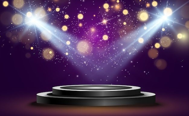 Podio redondo, pedestal o plataforma, iluminado por focos de fondo. ilustración. Luz brillante. Luz desde arriba. Lugar de publicidad