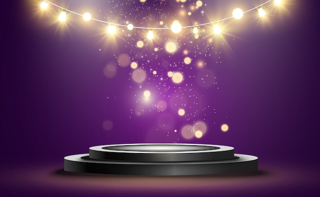 Podio redondo, pedestal o plataforma, iluminado por focos de fondo. . Luz brillante. Luz desde arriba. Lugar de publicidad