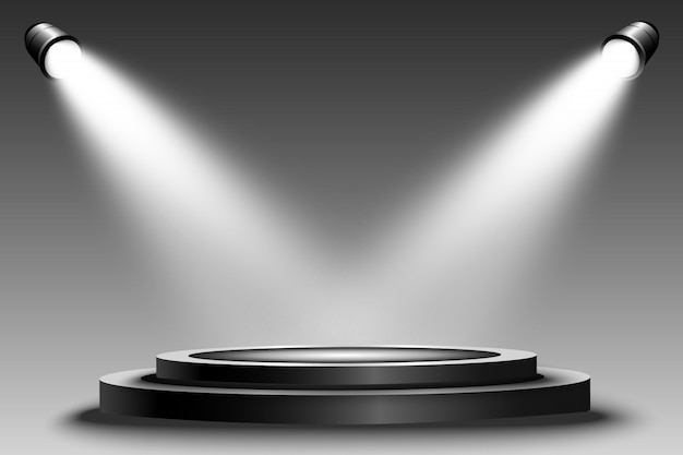Podio redondo, pedestal o plataforma, iluminado por focos. Luz brillante. Luz desde arriba.