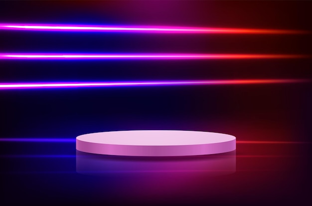 Podio redondo realista sobre fondo oscuro de neón abstracto brillante.