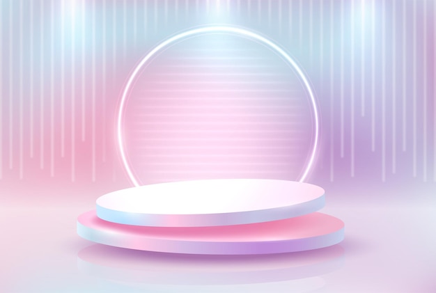 Podio redondo sobre un fondo de color claro con iluminación de neón Vector