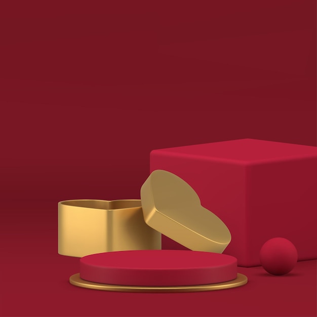 Pódio rojo 3d de lujo con pedestal con caja de regalo de corazón dorado para comprar producto muestra fondo vectorial