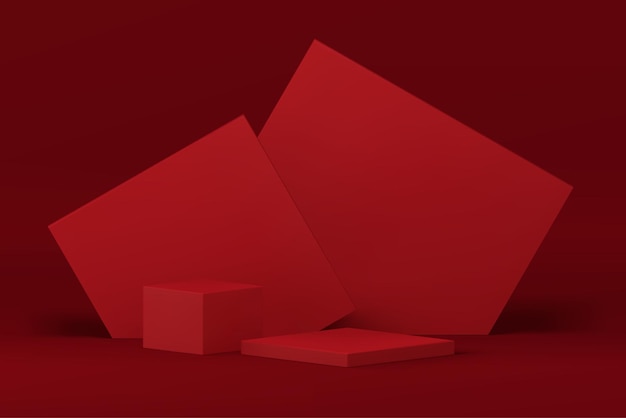 Podio rojo 3d pedestal cuadrado con fondo de pared angular abstracto ilustración vectorial realista Escaparate de moda composición de espacio publicitario geométrico para presentación comercial de productos