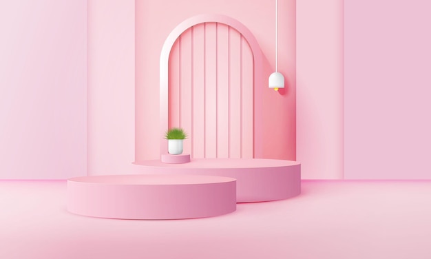 Podio rosa geométrico 3d con área de espacio de copia para visualización de productos maqueta de colocación de productos vecto
