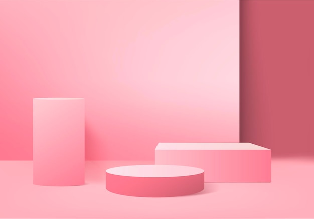 Podio rosa mínimo y escena con render 3d en composición de fondo abstracto, ilustración 3d simulacro de formas de plataforma de forma de geometría de escena para exhibición de productos. escenario para producto en moderno.