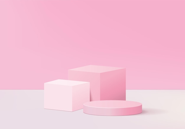 Podio rosa mínimo y escena con render en composición de fondo abstracto, formas de plataforma de forma de geometría de escena de ilustración para exhibición de productos. escenario para producto en moderno.