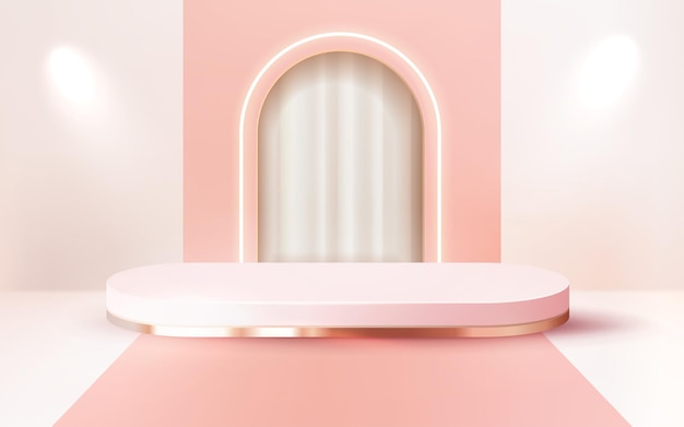 Podio rosa pastel de lujo renderizado en 3d con escaparate de cortina blanca