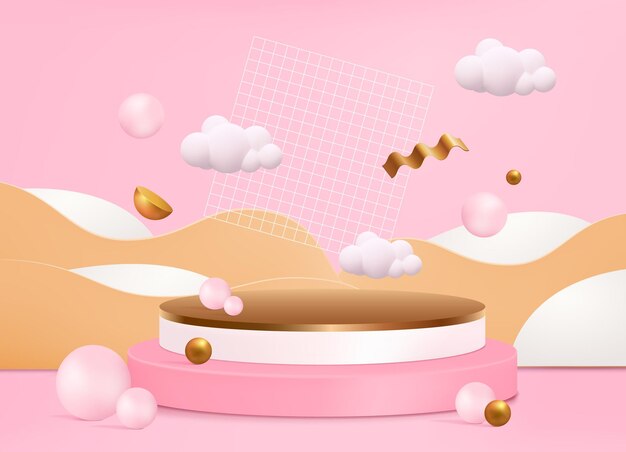 Un podio rosa con un podio dorado y un fondo rosa con nubes doradas y rosas.