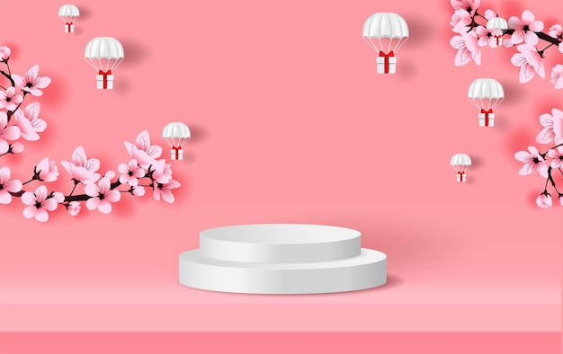 Podio sobre fondo rosa Caja de regalo de paracaídas volar aire en el cielo de vacaciones Corte de papel y artesanía de invierno