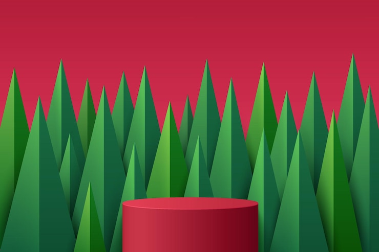 Vector podio de soporte 3d de cilindro realista rojo abstracto con fondo de árbol de navidad verde moderno