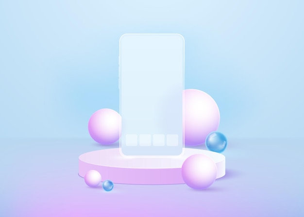 Podio con un teléfono inteligente de vidrio transparente y globos para la presentación de su producto Vector 3D