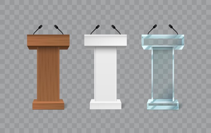 Vector podio de tribuna con micrófono y escenario para conferencias