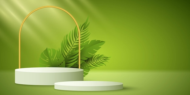 Podio vacío exótico con plantas tropicales para mostrar el producto de su marca Escena de verano minimalista con pedestal 3D de luz solar para su diseño Maqueta de venta Ilustración vectorial