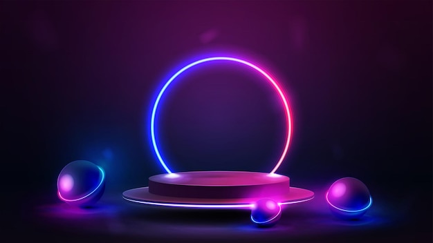 Podio vacío flotando en el aire con un anillo de neón degradado en la ilustración de fondo con una escena abstracta con esferas de neón