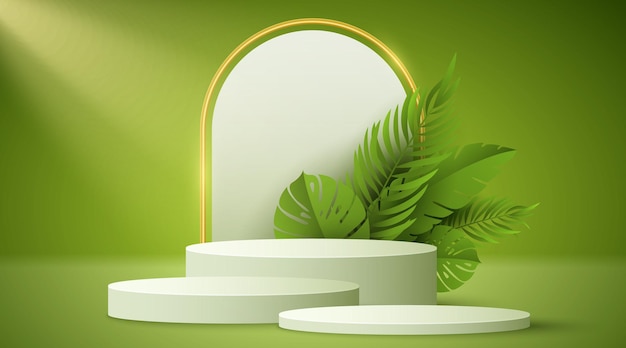 Podio vacío con plantas tropicales para mostrar su producto Escena de verano con pedestal 3D de luz solar para la maqueta de su negocio Banner de venta Ilustración vectorial