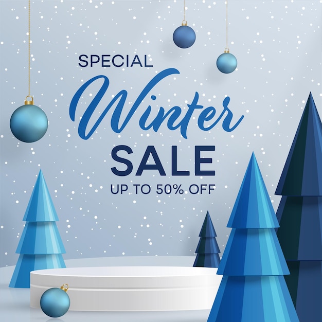 Podio de venta de invierno 3D para ilustración de banner en patrón festivo con concepto de copos de nieve sobre fondo de color.