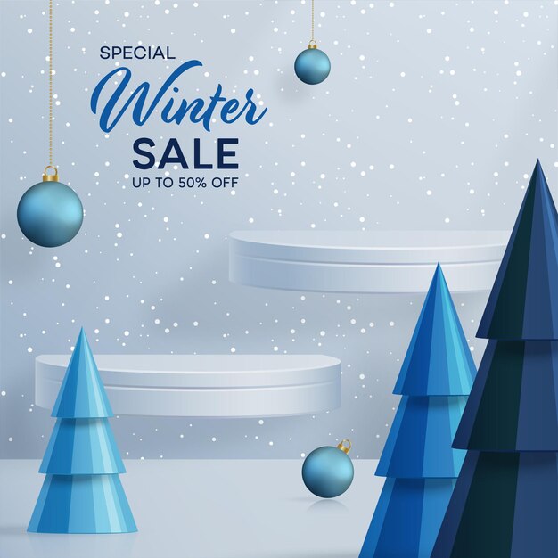 Podio de venta de invierno 3D para ilustración de banner en patrón festivo con concepto de copos de nieve sobre fondo de color.