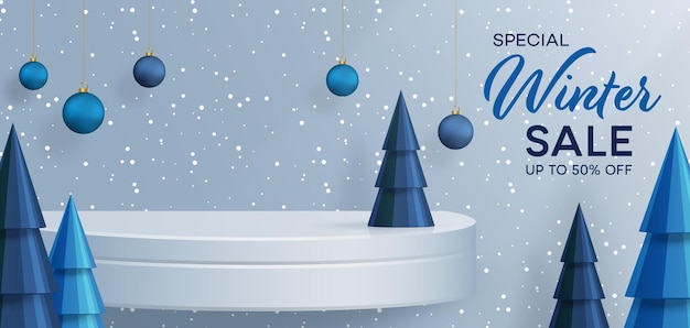 Podio de venta de invierno 3D para ilustración de banner en patrón festivo con concepto de copos de nieve sobre fondo de color.