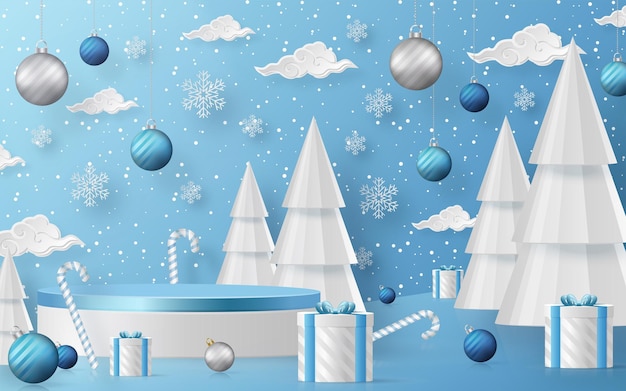 Podio de venta de invierno 3d para ilustración de banner en patrón festivo con concepto de copos de nieve