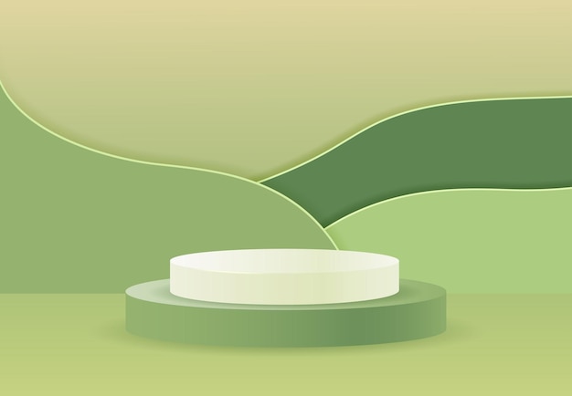 Podios de cilindros blancos y verdes en colinas de naturaleza verde paisaje3d corte de papel abstracto plantilla de forma geométrica mínima fondo vector